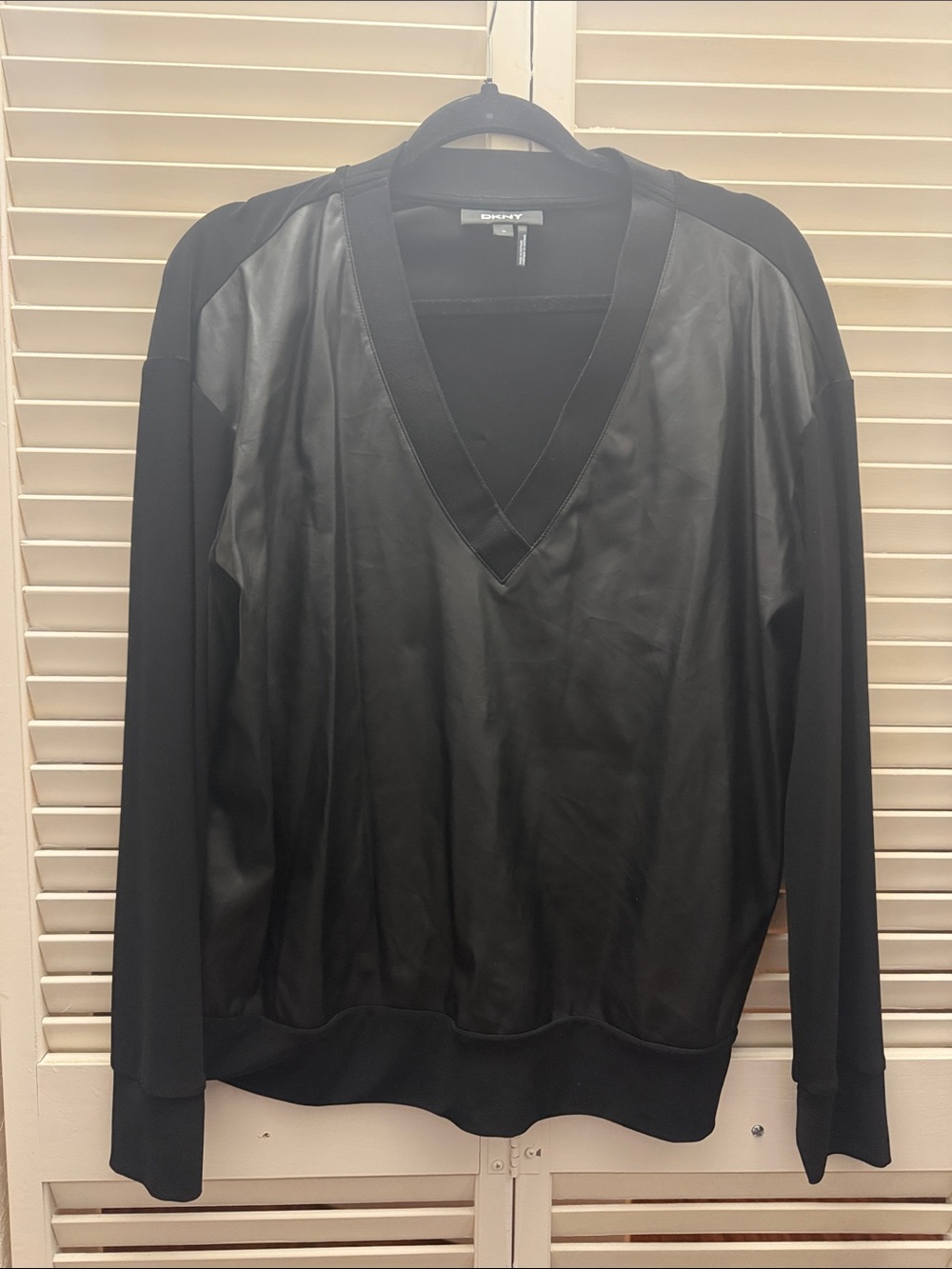 DKNY women’sBlack V-Neck Faux-Leather Front Sweater